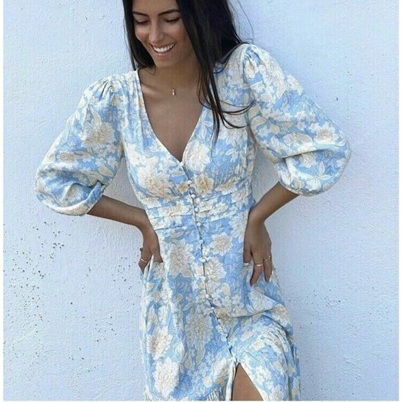 Like NEW Aly Daly blue and cream spring Floral Midi Dress, Large - Picture 5 of 14